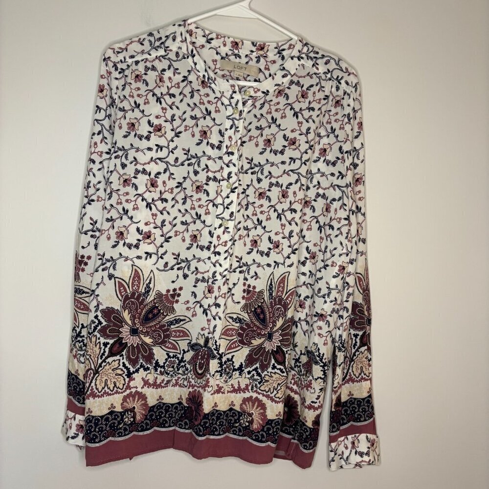 LOFT Ann Taylor Small Floral Long Sleeve 1/2 Button Placket Pullover White Mauve